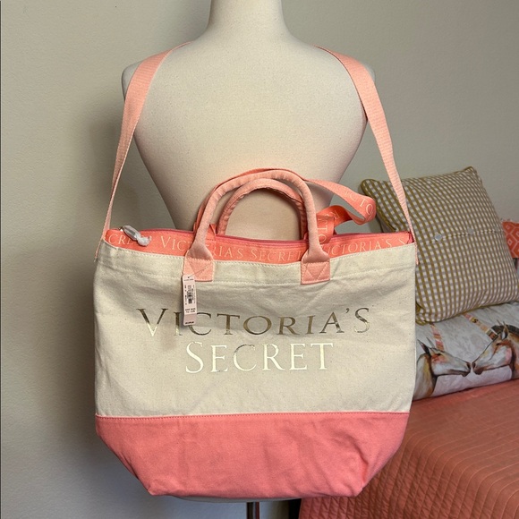 NWT Victoria's Secret Pink and Cream 2 in 1 Beach Tote with Insulated Cooler bag - Picture 4 of 16